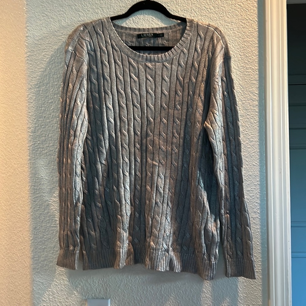 Gray silver pull over sweater.  Silver gray size L
